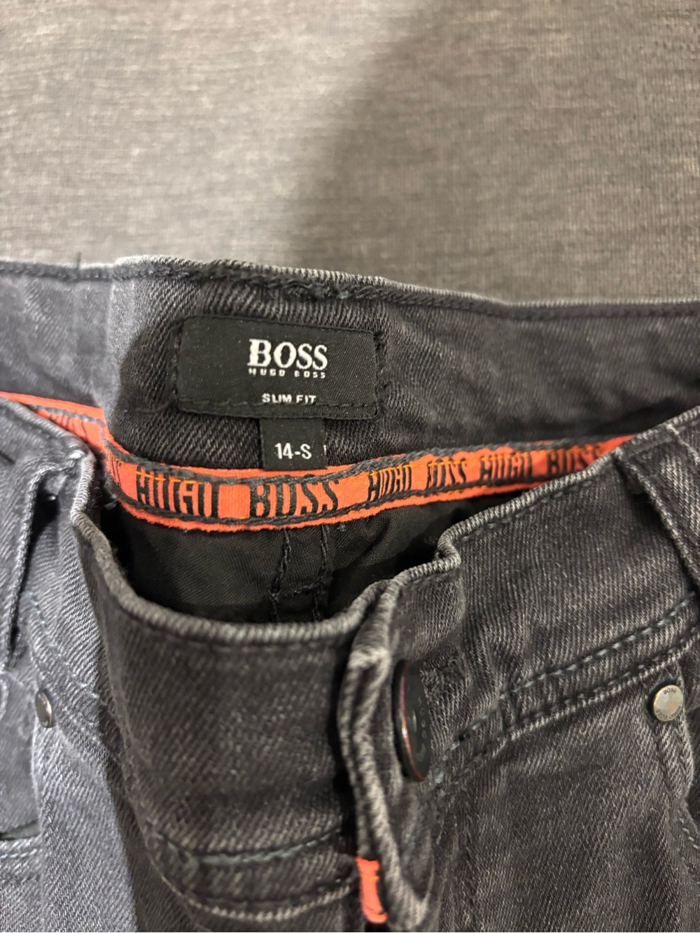 BOSS Slim Fit Men’s Jeans in Charcoal Black with Orange Trim
